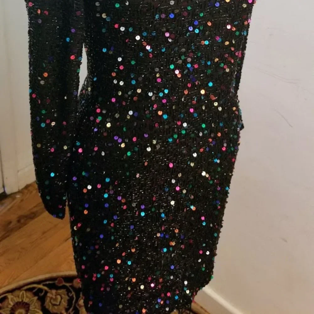 EUC | STUNNING | Oleg Cassini | Black Beaded Dress | Confetti Sequins | Size: 12 - Picture 3 of 16